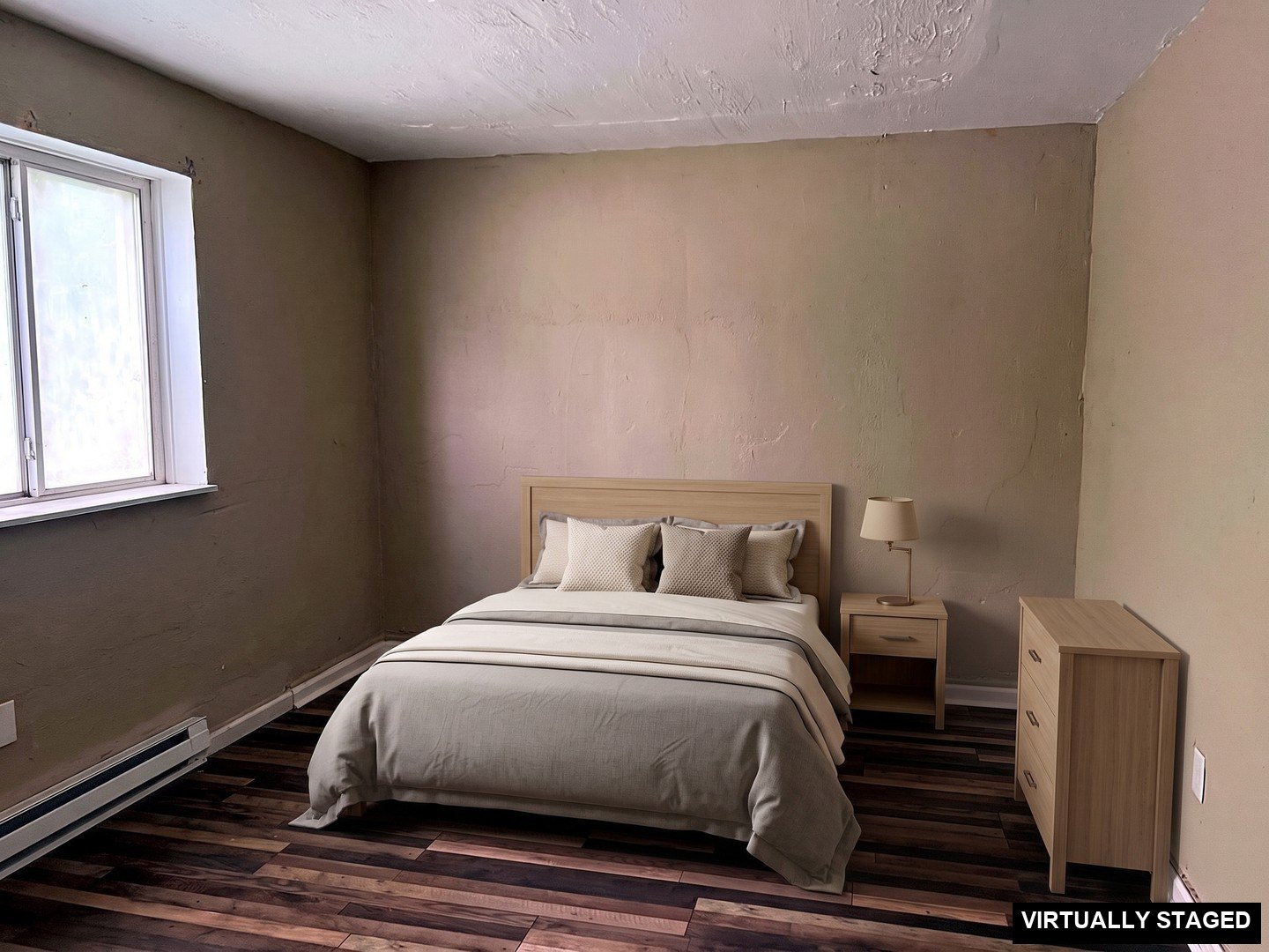 1 Bedroom Apartment at Superior Hill #1G, East Cleveland OH — Bedroom with wood-look flooring and a window. (virtually staged)