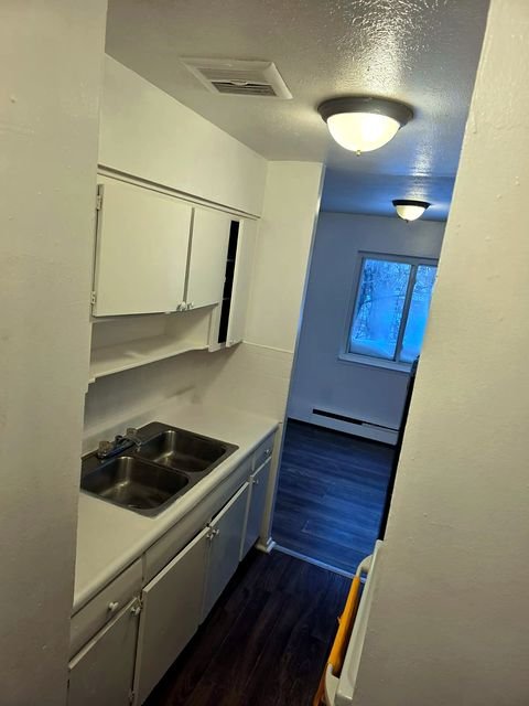 3 Bedroom Apartment at Allen House #307, Cleveland OH — A kitchen with white cabinets and a double sink.