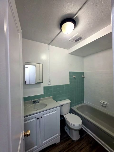 3 Bedroom Apartment at Allen House #307, Cleveland OH — A bathroom with a white vanity, toilet, and bathtub.