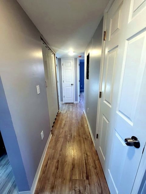 3 Bedroom Apartment at Dayton Apartments #1804 - Unit A, Dayton OH — A hallway with white doors and wood-look flooring.