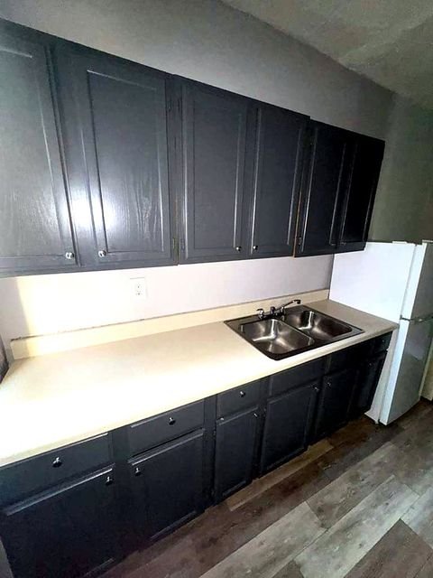 1 Bedroom Apartment at Medellin #4, Cleveland OH — A kitchen with dark cabinets and a double sink.